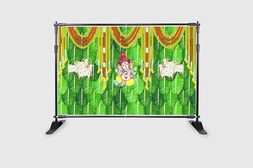 Image of Banana Leaf and Marigold Flower with Cow and Ganeshji Design Backdrop Curtain for Decoration Backdrop Cloth for Pooja Curtain Fabric-Polyester Size 5Feet Height and 8Feet Width(5 * 8)