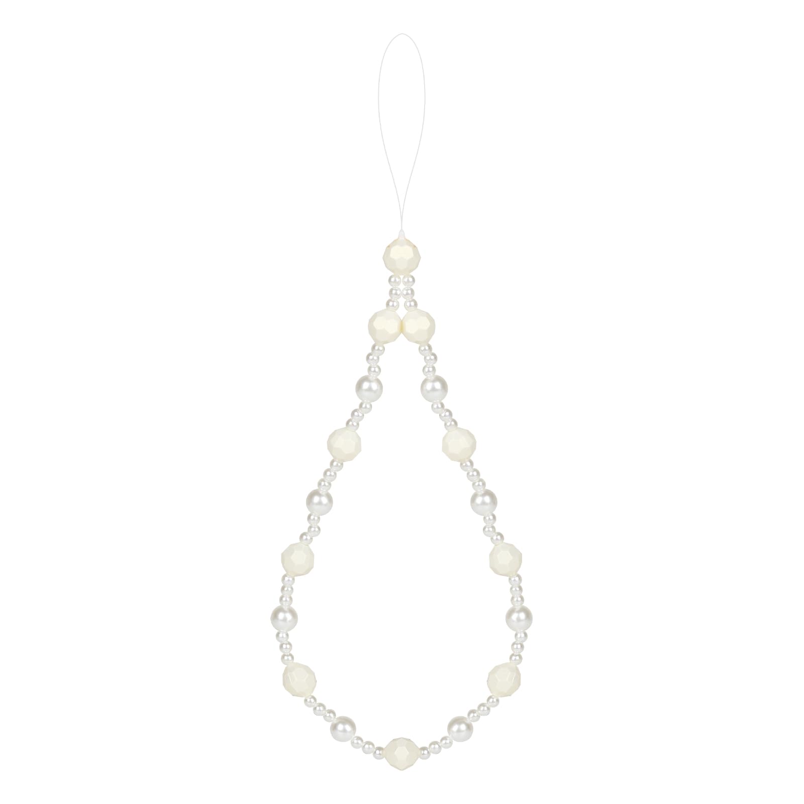 LUVI Beaded Phone Charm Lanyard Wrist Strap Beads Chain String Pearl Bracelet Keychain Handmade Cute Fashion for Women White