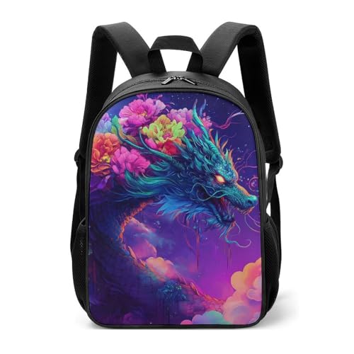Dragon with Flowers Moon Night Travel Backpack Casual Daypack Shoulder Bag with Adjustable Shoulder Straps for Hiking