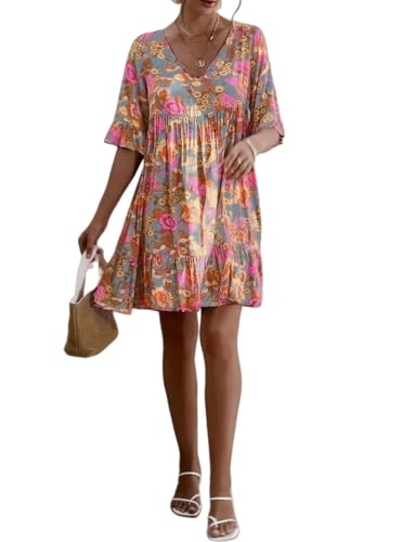 Floral Print Summer Dress, V-Neck, Empire Waist, 3/4 Bell Sleeves, Pink and Blue Floral Pattern, Loose Fit