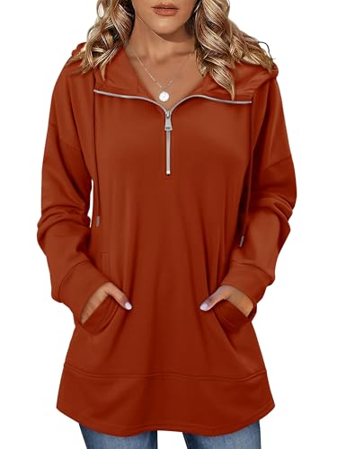 onlypuff Women Hoodie Pullover Trendy Quarter Zipper Lapel Sweatshirts Drawstring Cute Hooded Tunic Tops with Side Pockets