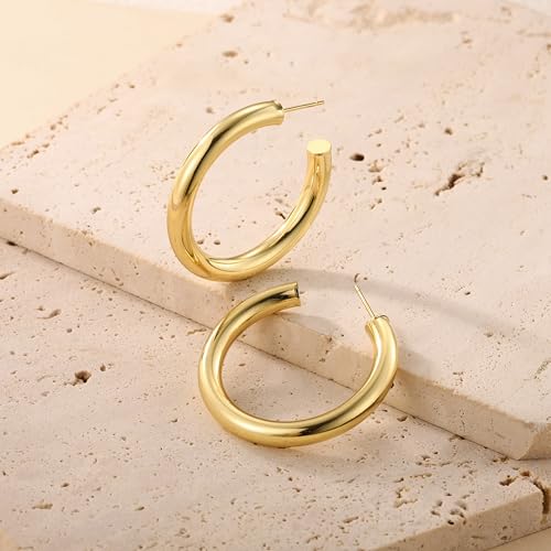 HEVOCY Thick Gold Hoop Earrings for Women: Hypoallergenic 14K Gold Plated Chunky Earrings Trendy Lightweight Medium Open Tube Hoop Earrings Simple Non Tarnish Jewelry 40MM by HEVOCY - Used condition - Image 6