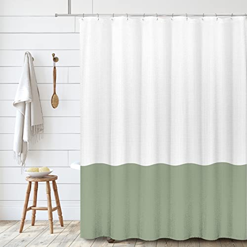 Tititex White Sage Green 2 Color Splicing Shower Curtain, Texture Fabric Bathroom Decorative Waterproof Shower Curtian Sets 60X71 Inch With 12 Hooks #TOP2