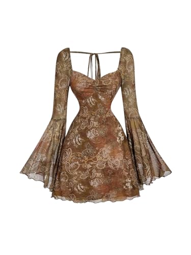 Image of WDIRARA Women's Floral Jacquard Gothic Bell Long Sleeve Dress | Mesh , A Line, Vintage
