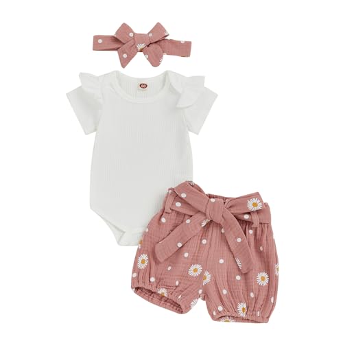 Image of Kaipiclos Newborn Infant Girl Clothes Rib Knit Romper Daisy Print Shorts Headband Baby Summer Clothes 0 3 6 12 18 24 Months