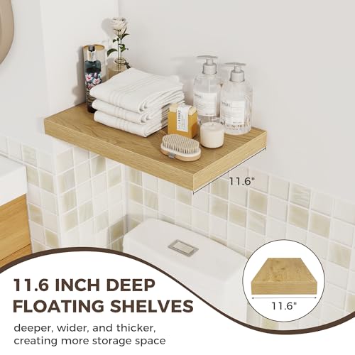 Image of Fun Memories 12 Inch Deep Floating Shelves for Wall, 20 Inch Long Wall Mounted Storage Shelf with Invisible Brackets, 2 Pack Hanging Wood Shelf for Farmhouse, Bedroom, Kitchen, Living Room, Oak