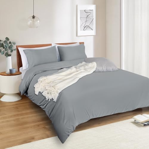 Image of Mejoroom Gray Duvet Cover Full - Bedding Sets Full - Soft and Breathable Comforter Cover with Zipper Closure, 3Pieces, 1 Duvet Cover (80x90) and 2 Pillow Cases(20x26)