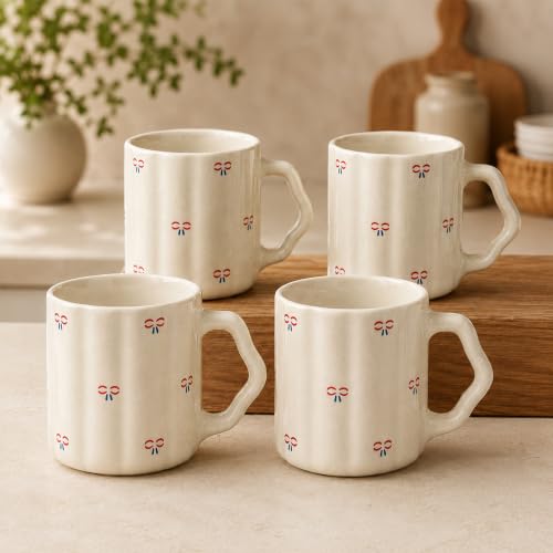 Image of The Earth Store Cream Bow Coffee Mug - 300ML Ceramic Coffee Mugs Set of 4 | Microwave & Dishwasher Safe Mugs for Gift | Home | Office | Restaurant | Daily Use