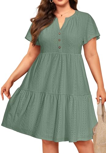 Image of Plus Size Summer Dress Casual Short Sleeve Button Midi Sun Dresses Women