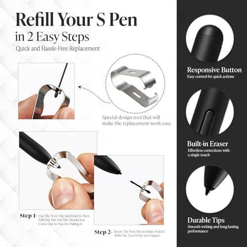 Image of AutoStory Replacement Stylus Pen for Galaxy Tab S7 /S7+ /S7 FE /S8 /S8+ /S8 Ultra /S9 /S9+ /S9 Ultra - 4096 Pressure Levels, Includes 5 Extra Nibs (Black) (Without Bluetooth)