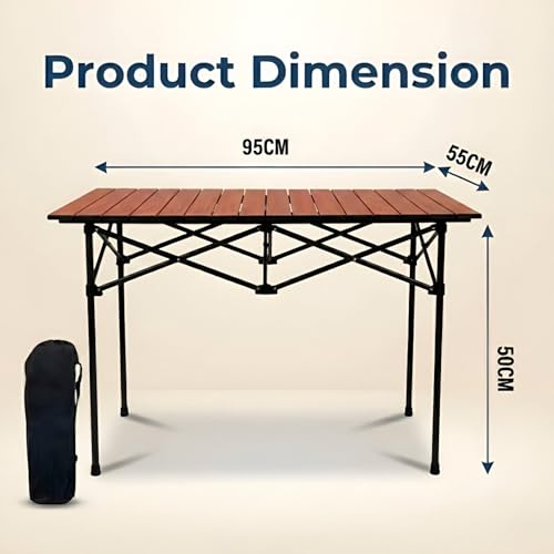 Image of Kraptick Portable Metal Folding Camping Table with Roll-Up Tabletop Lightweight Outdoor Long Table with Carry Bag Compact & Durable Folding Table for Camping, Picnic, Beach & Travel Use (Brown)