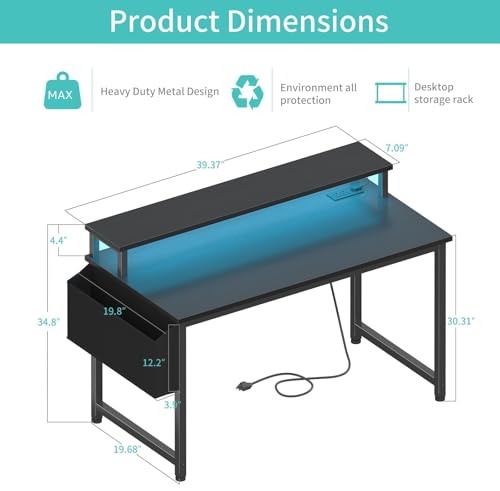Image of Lufeiya Black Gaming Desk with LED Lights and Power Outlets, 40 Inch Teen Writing Study Table Home Office Desks with Monitor Stand, Computer Desk with Charging Station USB Port, Black