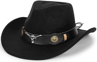 Wide Brim Men and Womens Western Cowboy Hat Fedora-Jazz-Hat with Bull Head Band Decoration