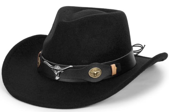 Image of Wide Brim Men and Women's Western Cowboy Hat Fedora-Jazz-Hat with Bull Head Band Decoration