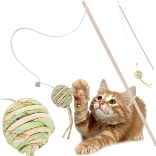 PARENCE. Jouet pour Chat Canne à Pêche avec Balle Bruissante et Hochet – Tige en Bois 40 cm – Élastique Extensible – Jeu Interactif pour Chat