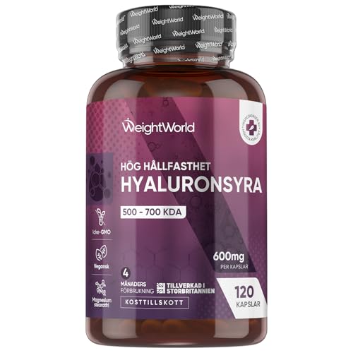 Hyaluronsyrakapslar – 600 mg per kapsel – 120 veganska hyaluronsyrakapslar – 4 månaders förråd – Molekylstorlek (500–700 KDA) – Fri från magnesiumstearat – WeightWorld