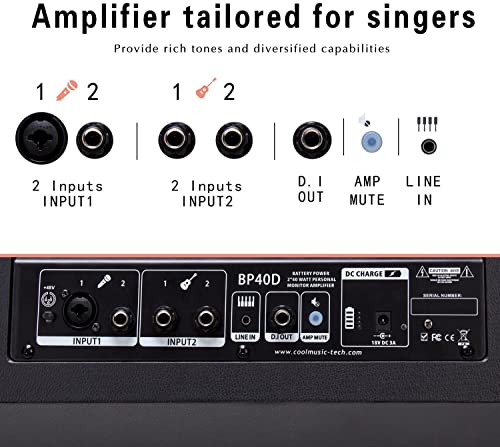 Coolmusic BP40D Verstärker für Akustikgitarre, tragbar, Bluetooth-Lautsprecher, 80 W mit Batterie mit Reverb Chorus Delay Effekt, 6 Eingänge, 3-Band-Equalizer