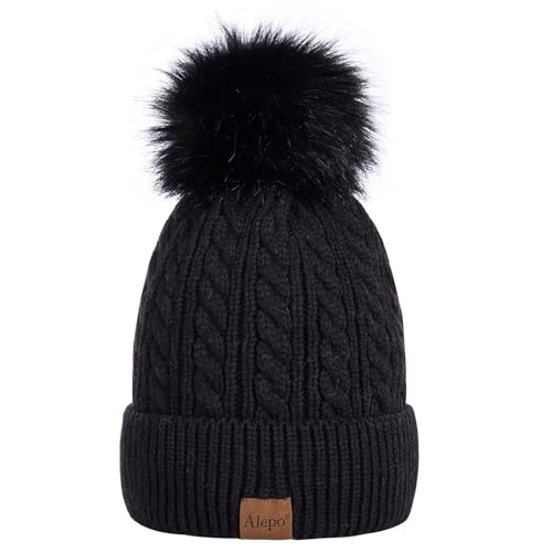 Alepo Damen Mütze Winter Warme Mit Bommel - Beanie Mit Fleece Gefütterte Weiche Skimanschettenmütze (Schwarz)
