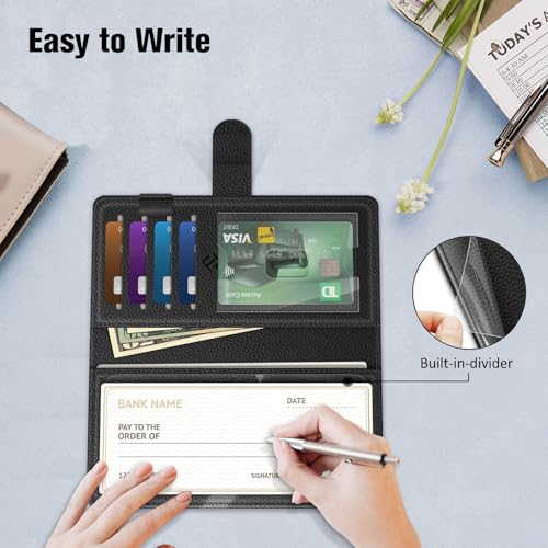 Image of FINTIE Checkbook Cover for Personal Checkbook, RFID Blocking Big Capacity Standard Register Duplicate Checks with Pen Holder, Cards Slots (Black)