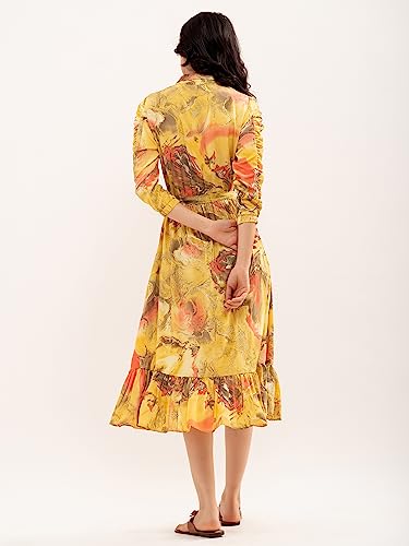 Image of AASK Abstract Printed Puff Sleeve Gathered Detailed Fit Flare Dress