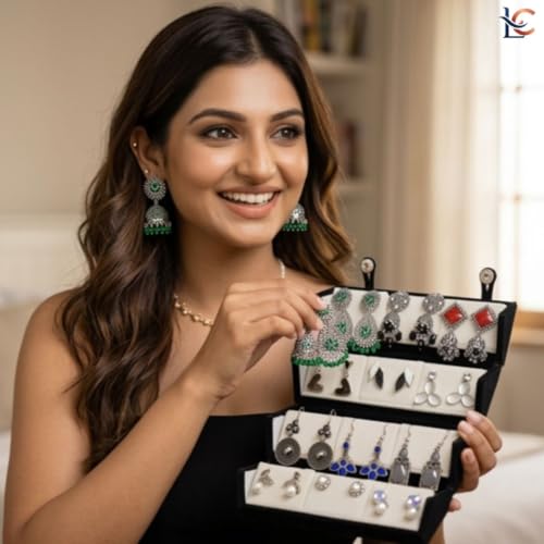 Image of Premium Oxidised Designer Stud Earrings Set of 12 with Folding Earring Organizer Box (Black) | Stylish Traditional & Modern Earring Set | Gift for Women