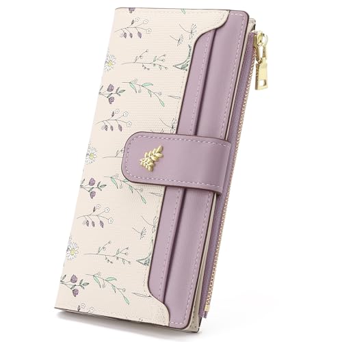 GAEKEAO - GAEKEAO Womens Wallet Slim Thin RFID Blocking Floral Vegan Leather Card Holder Bifold with Zipper Pocket Long Ladies Wallet