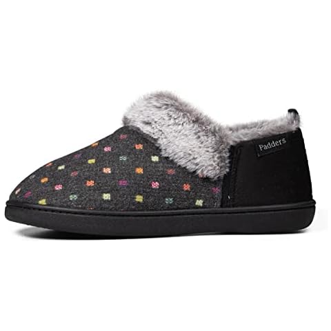 Padders Dora Womens Wide Fit Slip on Memory Foam Fluffy Slippers - Woven Spot Textile Upper and Close Back Design with Wide EE Fitting Slippers for Extra Room and Ultimate Comfort Cover
