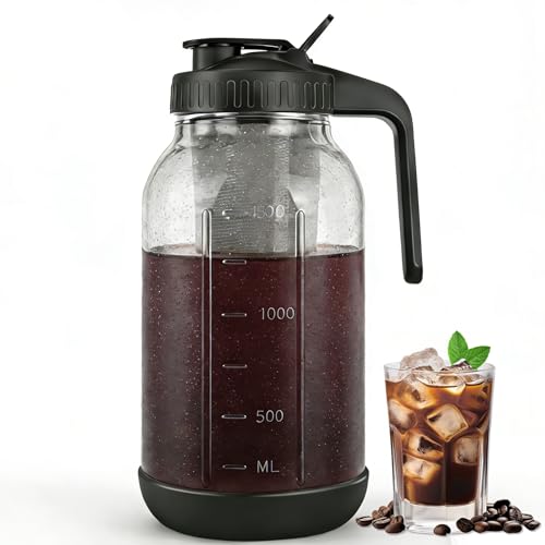 Image of Cold Brew Coffee Maker, 64oz Mason Jar Pitcher with Stainless Steel Filter, Sealed, Leak-Proof Lid with Pour Spout & Handle, Heavy Duty Glass Iced Coffee Tea Brewer with Non-Slip Silicone Base-Black