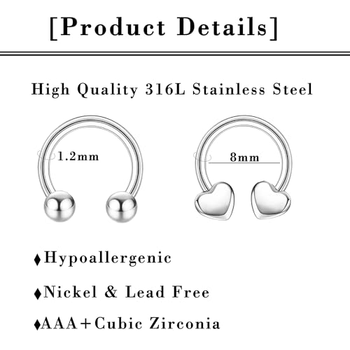 YADOCA 12pcs 16G Septum Rings for Women Men Hypoallergenic Surgical Steel Nose Piercings Jewelry Clicker Hinged Tragus Hoop Earrings CZ Love Nose Ring 8-10mm2