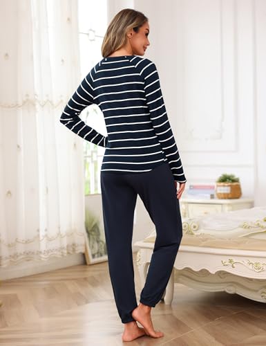 Uniexcosm Pijama de Mujer Largo Algodón Conjunto de Pijamas Mujer 2 Piezas Manga Larga en Cuello Redondo Raya Top y Pantalones Azul Marino XL - imagen 4