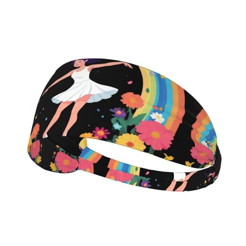 Elastic Sports Headband Hairband BROLEO Little girl dancing under the rainbow Printing Quick Drying, Moisture Wicking
