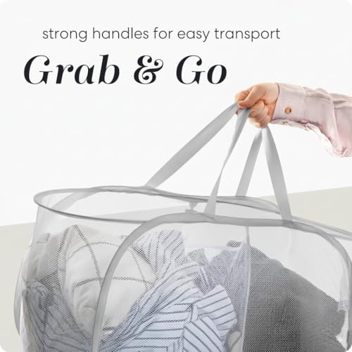Image of Handy Laundry Collapsible Laundry Basket, 2-Compartment Mesh Pop Up Hamper with Handles - Foldable, Space-Saving Dirty Clothes Organizer for Dorm, Travel, Laundry Room, Grey