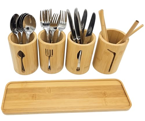 AYAMAX Ensemble Porte-Couverts en Bambou - 4 Porte-Ustensiles de Cuisine Organiseur de Couverts avec Plateau en Bambou | Support Décoratif pour Couverts de Plan de...