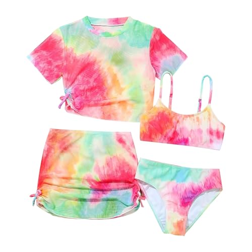 Girls 4 Piece Bikini Set Tie Dye Swimsuits with Cover Up Skirt Cute Tankini Bathing Suit Kids Toddler Beach Swimwear