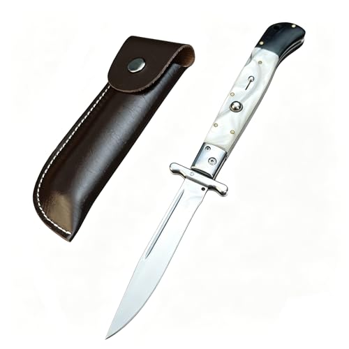HUAAO Classic Pocket Folding Knife 4.92 Polished Stainless Steel Blade Vintage Style Handle Lockback Mechanism Everyday Carry Tool for Camping Hunting with Leather Sheath (White Shell Handle)