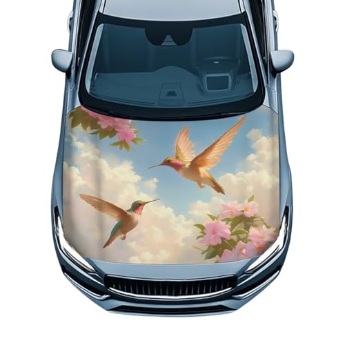Image of Car Hood Cover Protector,All Weather Automotive Print Hood Covers for Cars,Universal Accessories for Decoration Hummingbird Pink Flower Print