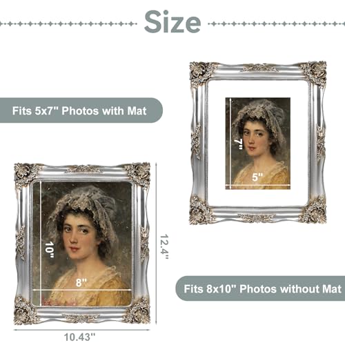 Image of Silver Picture Frame 8x10 Victorian Picture Frames Vintage Gothic | Wall or Tabletop Display, Real Glass, Fits 8x10 or 5x7 Photo with Mat