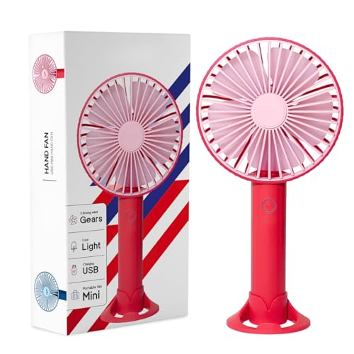 Image of TEQO Rechargeable Hand Fan 4800 RPM High Speed | 1200mAh Battery, Up to 6 Hours Runtime | Portable USB Fan with Mobile Stand & RGB Light | 3 Speed Personal Mini Fan for Travel, Makeup (Raspberry)
