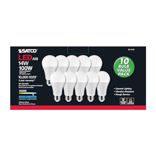 Image of Satco S11419, A19 LED Bulbs, 100W Replacement, 5000K, 10-Pack, 1600 Lumens | 1,600 lumens each, 14W energy use, Enclosed fixture approved, Damp location rated, Commercial or residential use