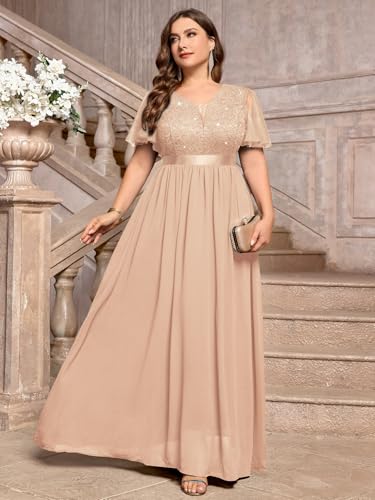 MISSMAY Women's Plus Size Sequin Lace V Neck Formal Wedding Guest Chiffon Maxi Dress4