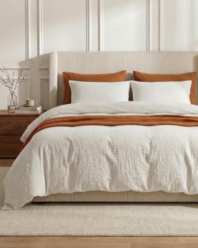 SE SOFTEXLY Muslin Duvet Cover Queen Size 100% Washed Cotton Duvet Cover Set Ultra Soft Comforter Cover Linen Like 3 Pieces Minimalist Gauze Duvet Cover with 2 Pillowcases 90x90 White