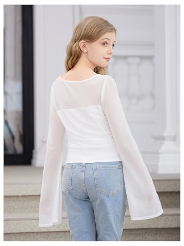 SOLY HUX Girl's 2 Piece Long Sleeve Crop Tops Y2K T Shirts Mesh Ruched Square Neck Tees Cute Clothes2