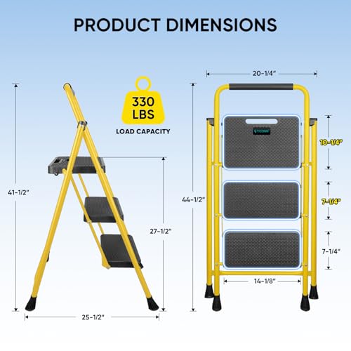 TICONN 3 Step Ladder, Heavy Duty Foldable Step Stool, Portable Steel Folding Stool for Household Garage Storage (Yellow)