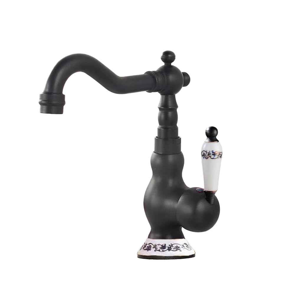 Rubinetto lavabo retrò Rubinetteria lavabo in ottone anticato Miscelatore rubinetto bagno caldo e freddo, ruotabile a 360°, maniglia in ceramica, nero