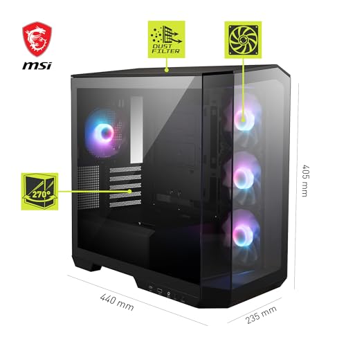 MSI MAG PANO M100R PZ Boîtier PC Micro-ATX, 4 x Ventilateurs ARGB 120 mm (3 à pâles inversées), hub de contrôle ARGB, Support pour Carte Graphique, filtres à poussière, USB Type-C (20 GB/s)