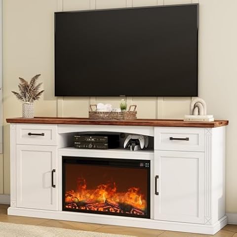 ALLSTAND Fireplace TV Stand for up to 80 inch TV, 32" Tall Entertainment Center with Fireplace, Farmhouse TV Stands with Electric Fireplace for Living Room, 2 Storage Cabinets, 2 Drawers, 70in, White Cover