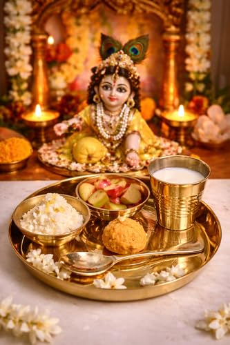 Image of Laddu Gopal Thali Set (5 Pcs, Brass) | Kanha Ji Bhog Thali with Bowl, Plate, Glass & Spoon | Bal Gopal Puja Thali Set for Home Temple /Mandir | Krishna Ji Seva Set (12 cm)