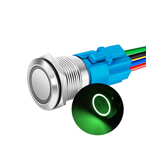 JOTTA 19mm Metal Push Button Switch Stainless Steel Shell Latching 12-24V Ring LED 1NO 1NC SPDT with Wire Socket Plug (Stainless Steel, Green)