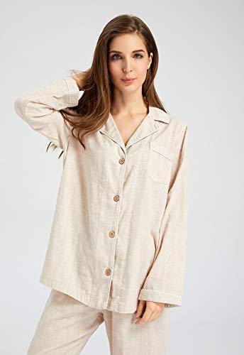 Image of Womens Muslin Pajama Set 100% Cotton Double Gauze Linen Like | Breathable Soft Comfort Button Up Loungewear Sleepwear PJ Set