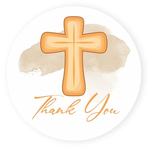 Cross Thank You Stickers by Adore By Nat – Christian Religious Labels for Baptism, First Communion, Party Favors, Envelope Seals & Gifts (Beige, 2" - 40 Stickers)